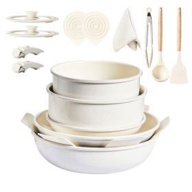 17-Piece Cookware Set, 5 Pots and 2 Lids, Removable Handles, Non-Stick Aluminum Pots and Pans, Microwave & Oven Safe, Dishwasher Safe, Cream White