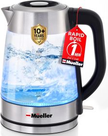 Rapid Boil Electric Tea Kettle 1.8L – Borosilicate Glass & Stainless Steel – BPA-Free Hot Water Boiler, LED Light, Auto Shut-Off