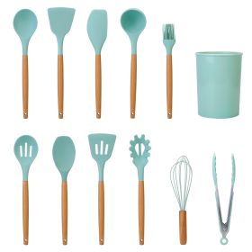 11Pcs Silicone Cooking Utensil Set Heat Resist Wooden Handle Silicone Spatula Turner Ladle Spaghetti Server Tongs Spoon Egg Whish Kitchenware Set w/ H (Option: UtensilSet LightGreen)